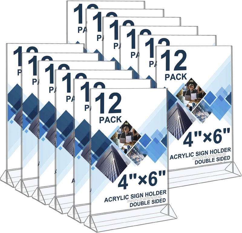 Seencool 4x6 Sign Holder - 12 Pack Small Sign Holder Acrylic Display Stand, Clear Plastic Picture Frame Paper Holder, Double Sided Table Menu Transparent Stand for Office, Home, Restaurant, Wedding - Image 1
